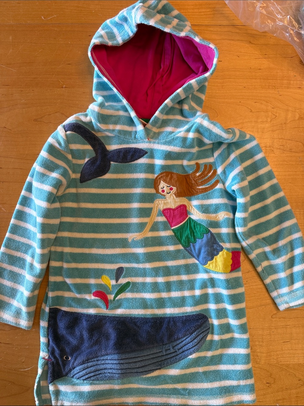 Boden Aqua & White Stripe Hooded Mermaid Tunic with Pink Lining